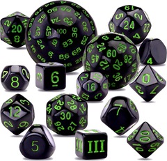 15 Pieces Complete Polyhedral Dice Set D3-D100 (Black & Green)